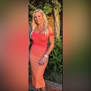 Michael Costello Coral and Orange Ombré Off-Shoulder Midi Dress